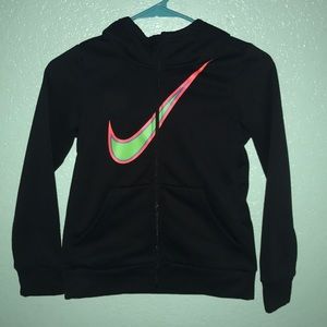 Black nike jacket with colorful neon logo.